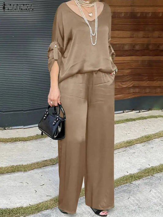 LVSANW ZANZEA 2024 Autumn Tracksuits Fashion OL Work Suit Spring Women Matching Sets Long Sleeve Blouse Casual Loose Wide Leg Pant Sets