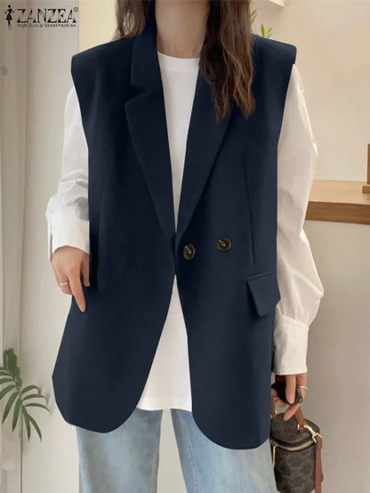 LVSANW ZANZEA 2024 Women Sleeveless Coats Casual Loose Solid Color Vests Elegant Commuting Pockets Cardigans Korean Simple Waistcoats