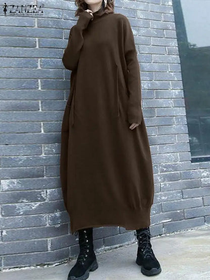 LVSANW ZANZEA Autumn Knitted Dresses Women Casual Loose Long Robe Korean Fashion Oversize Long Sleeve Turtleneck Midi Dress Streetwear