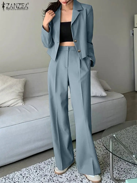 LVSANW ZANZEA Elegant Blazer Suits Solid Fashion Matching Sets Long Sleeve Tops Wide Leg Pants Vintage Casual Tracksuit Work Suit 2024