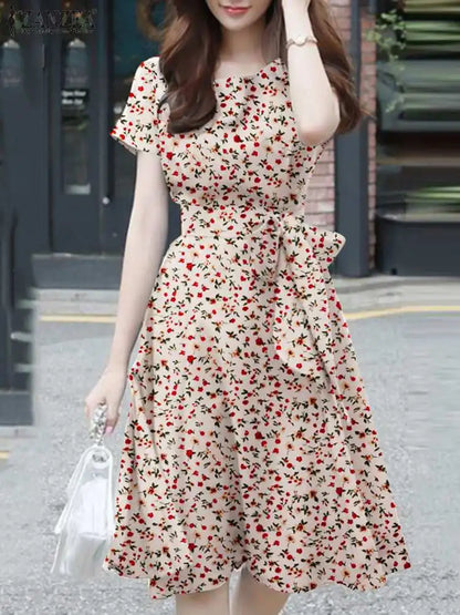 LVSANW ZANZEA Elegant Short Sleeve Floral Dress Summer Women Sundress O Neck Holiday Vestidos Casual Work Party Knee Length Robe Femme