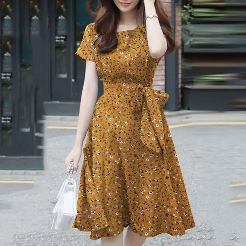 LVSANW ZANZEA Elegant Short Sleeve Floral Dress Summer Women Sundress O Neck Holiday Vestidos Casual Work Party Knee Length Robe Femme