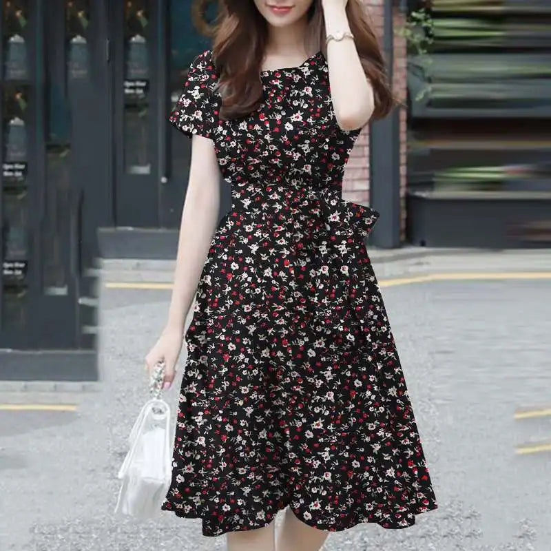 LVSANW ZANZEA Elegant Short Sleeve Floral Dress Summer Women Sundress O Neck Holiday Vestidos Casual Work Party Knee Length Robe Femme