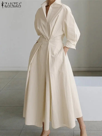 LVSANW ZANZEA Fashion Lapel Neck Long Sleeve Solid Long Shirt Dress Oversized Elegant Women Spring Sundress OL Vestidos Robe Femme