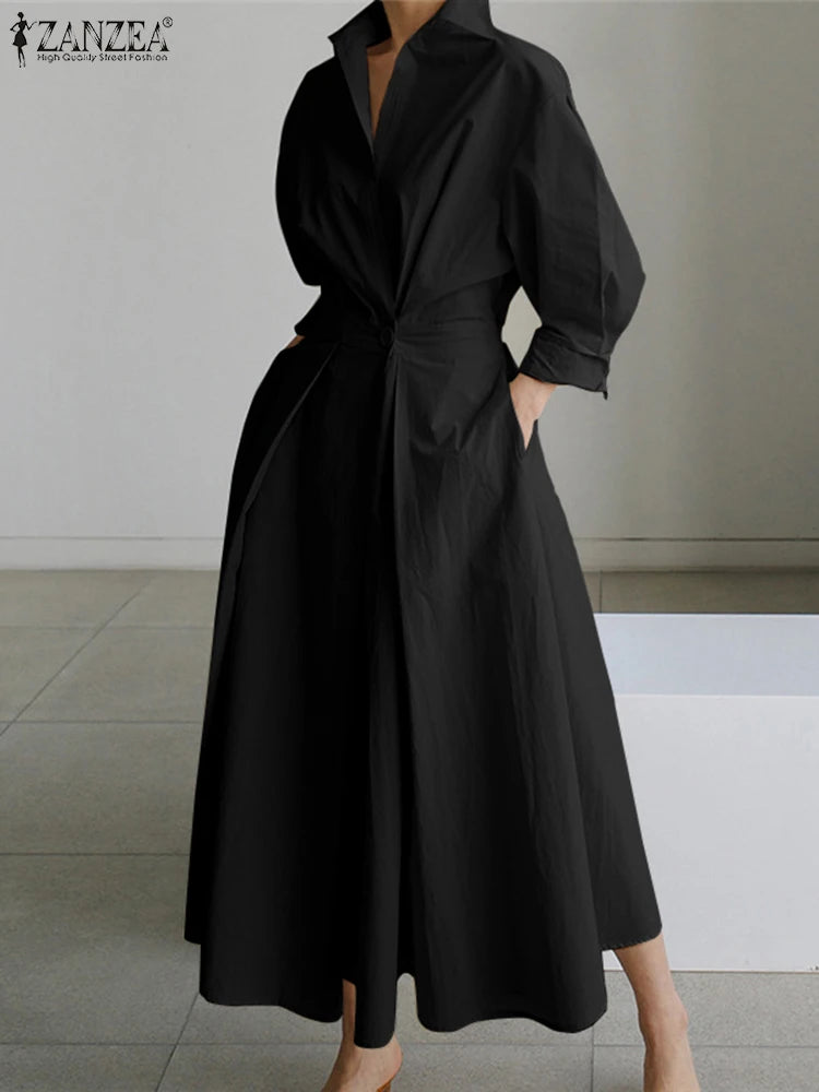 LVSANW ZANZEA Fashion Lapel Neck Long Sleeve Solid Long Shirt Dress Oversized Elegant Women Spring Sundress OL Vestidos Robe Femme