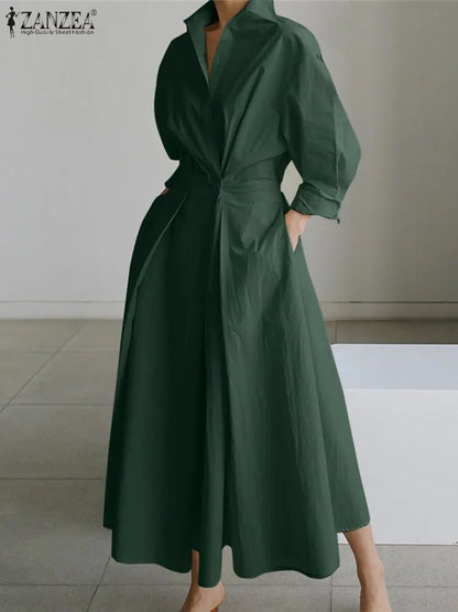 LVSANW ZANZEA Fashion Lapel Neck Long Sleeve Solid Long Shirt Dress Oversized Elegant Women Spring Sundress OL Vestidos Robe Femme