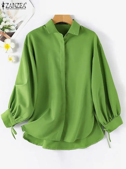 LVSANW ZANZEA Fashion Women Blouse Stylish Solid Loose Muslim Blouse Dubai Turkey Blusas Autumn Elegant Long Sleeve Lace Up Green Tops