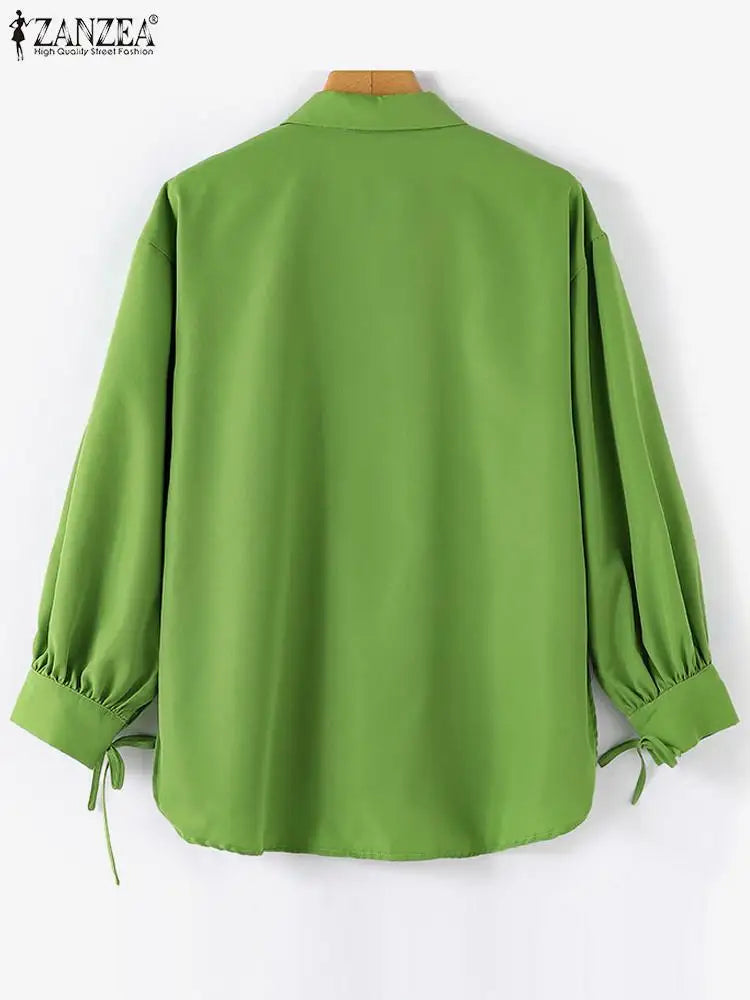 LVSANW ZANZEA Fashion Women Blouse Stylish Solid Loose Muslim Blouse Dubai Turkey Blusas Autumn Elegant Long Sleeve Lace Up Green Tops