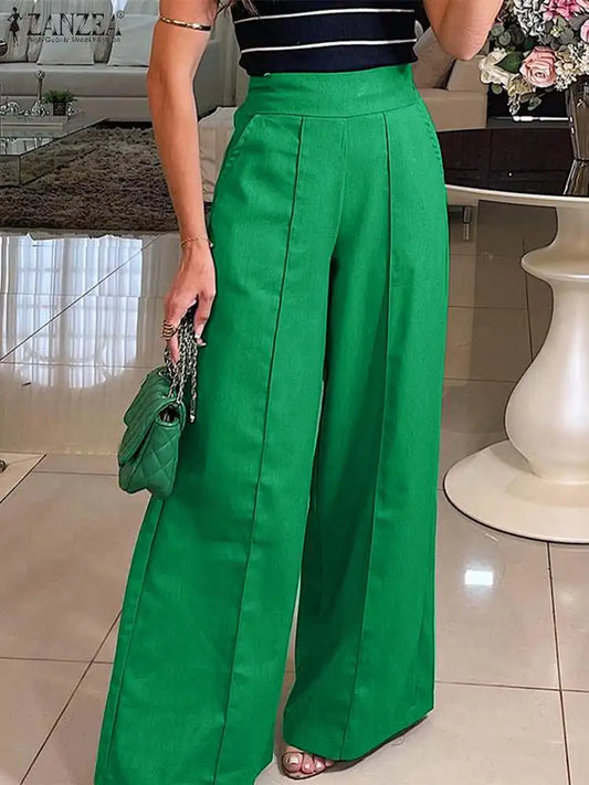 LVSANW ZANZEA Women Casual Loose Pants Capris Elegant Wide Leg Pant 2024 Summer OL Solid Trouser Oversized High Waist Pantalon Palazzo