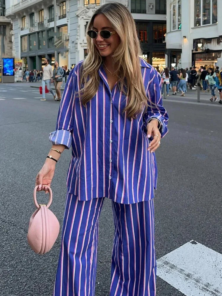 LVSANW ZBZA Women's Oversized Striped Shirt Pants Suit Lapel Long Sleeves Top High Elastic Waist Pockets Straight Leg Pant Female Set