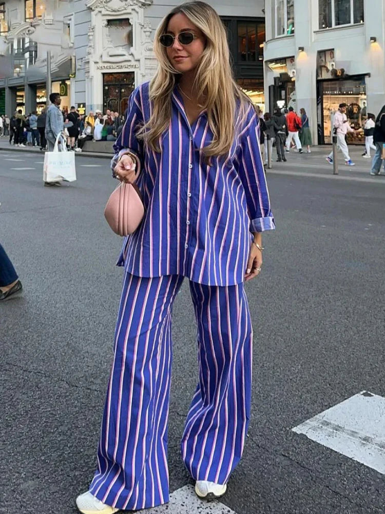 LVSANW ZBZA Women's Oversized Striped Shirt Pants Suit Lapel Long Sleeves Top High Elastic Waist Pockets Straight Leg Pant Female Set