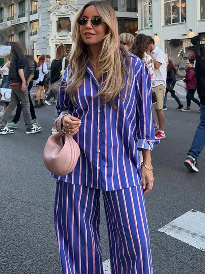 LVSANW ZBZA Women's Oversized Striped Shirt Pants Suit Lapel Long Sleeves Top High Elastic Waist Pockets Straight Leg Pant Female Set