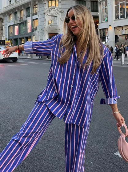 LVSANW ZBZA Women's Oversized Striped Shirt Pants Suit Lapel Long Sleeves Top High Elastic Waist Pockets Straight Leg Pant Female Set