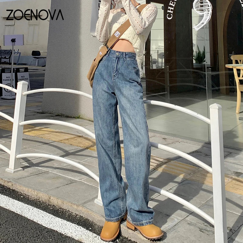 LVSANW ZOENOVA Harajuku Streetwear Retro Fashion Women High Waist Jeans Loose Wide Leg Straight Loose Denim Trousers Y2K Baggy Pants