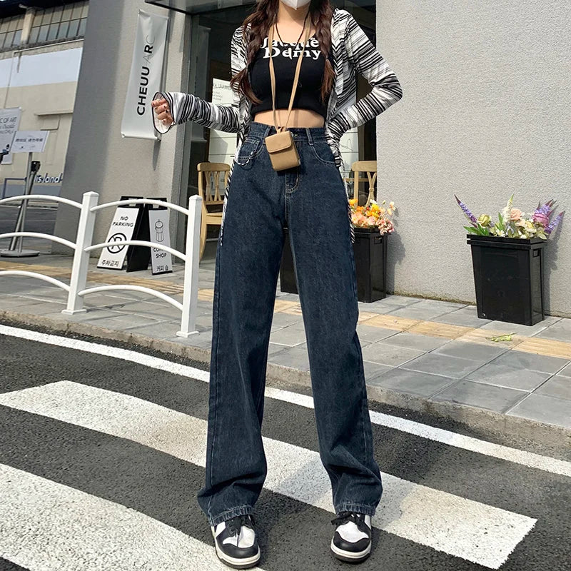 LVSANW ZOENOVA Harajuku Streetwear Retro Fashion Women High Waist Jeans Loose Wide Leg Straight Loose Denim Trousers Y2K Baggy Pants