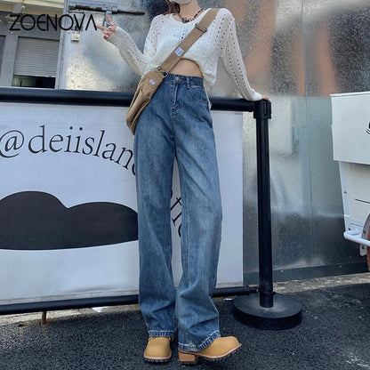 LVSANW ZOENOVA Harajuku Streetwear Retro Fashion Women High Waist Jeans Loose Wide Leg Straight Loose Denim Trousers Y2K Baggy Pants