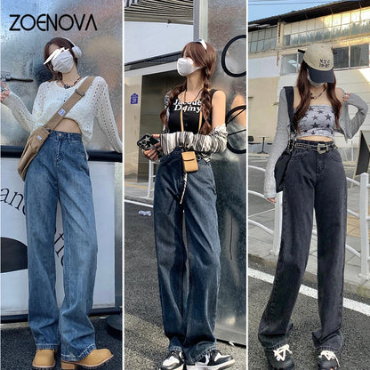 LVSANW ZOENOVA Harajuku Streetwear Retro Fashion Women High Waist Jeans Loose Wide Leg Straight Loose Denim Trousers Y2K Baggy Pants