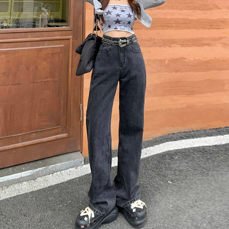 LVSANW ZOENOVA Harajuku Streetwear Retro Fashion Women High Waist Jeans Loose Wide Leg Straight Loose Denim Trousers Y2K Baggy Pants