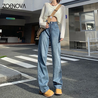 LVSANW ZOENOVA Harajuku Streetwear Retro Fashion Women High Waist Jeans Loose Wide Leg Straight Loose Denim Trousers Y2K Baggy Pants