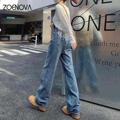 LVSANW ZOENOVA Harajuku Streetwear Retro Fashion Women High Waist Jeans Loose Wide Leg Straight Loose Denim Trousers Y2K Baggy Pants