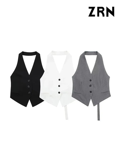 LVSANW ZRN Women Fashion Backless Halter Neck Waistcoat Sexy Sleeveless Button-up Female Outerwear Chic Vest Tops