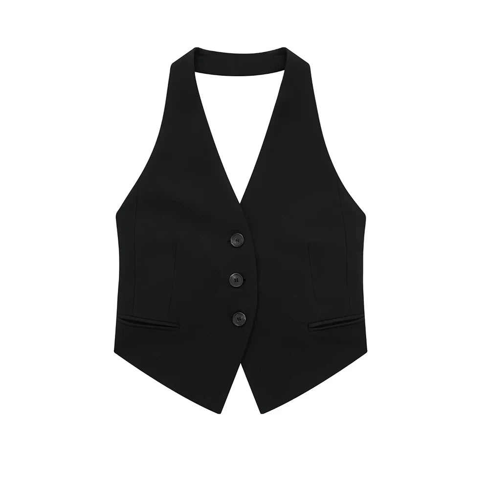 LVSANW ZRN Women Fashion Backless Halter Neck Waistcoat Sexy Sleeveless Button-up Female Outerwear Chic Vest Tops