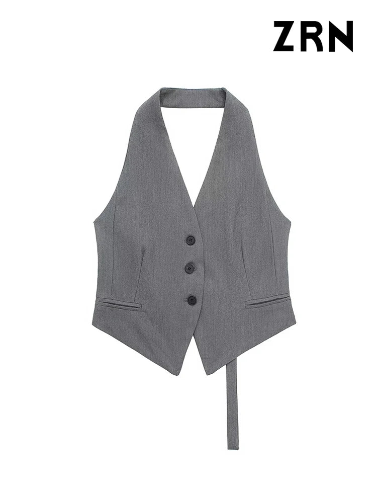 LVSANW ZRN Women Fashion Backless Halter Neck Waistcoat Sexy Sleeveless Button-up Female Outerwear Chic Vest Tops