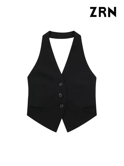 LVSANW ZRN Women Fashion Backless Halter Neck Waistcoat Sexy Sleeveless Button-up Female Outerwear Chic Vest Tops