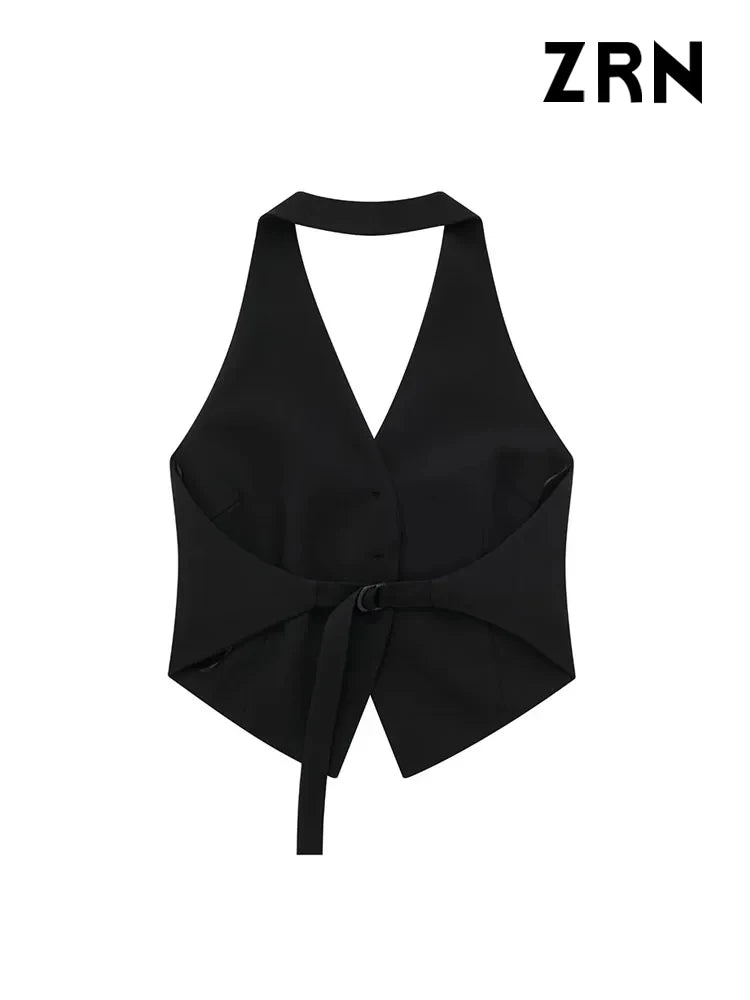 LVSANW ZRN Women Fashion Backless Halter Neck Waistcoat Sexy Sleeveless Button-up Female Outerwear Chic Vest Tops