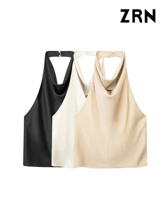 LVSANW ZRN Women Fashion Satin Flowing Halterneck Tank Tops Sexy Backless With Button Female Camis Mujer