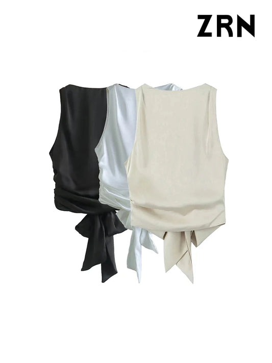 LVSANW ZRN Women Sexy Fashion With Tied Satin Back Open Crop Blouses O Neck Sleeveless Female Shirts Blusas Chic Tops