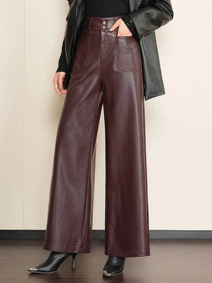 LVSANW ZUZK High Quality Women PU Leather Wed Leg Long Pants  Autumn Winter Fashion Warm Long Leather Pants Elegant LeatherTrousers