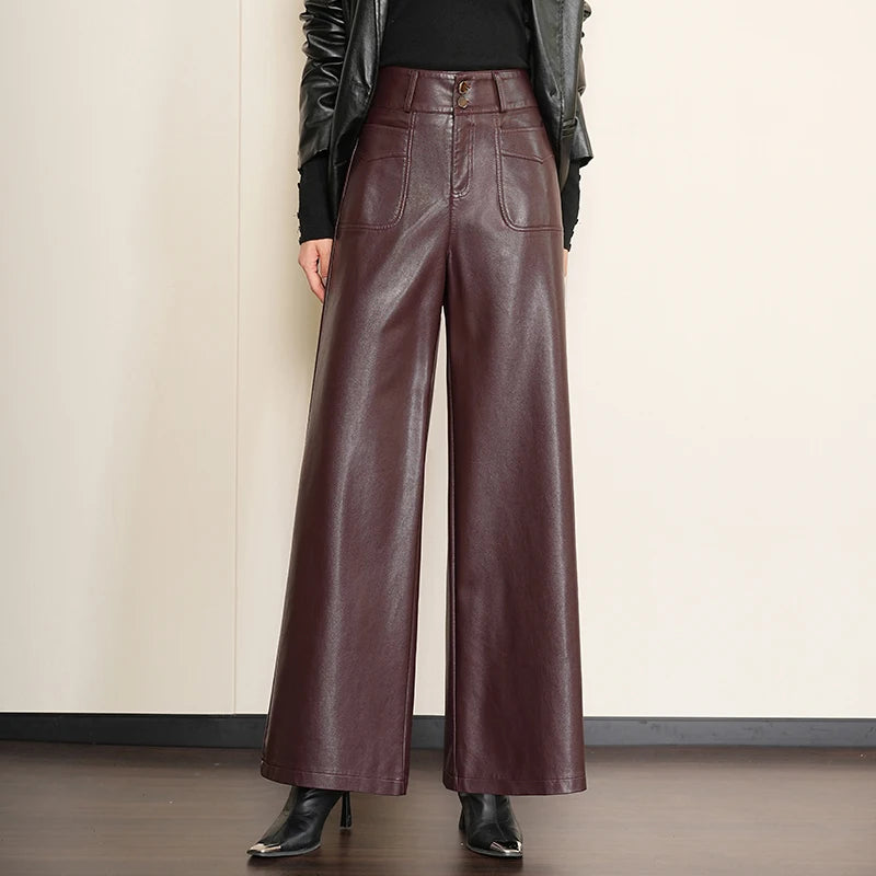 LVSANW ZUZK High Quality Women PU Leather Wed Leg Long Pants  Autumn Winter Fashion Warm Long Leather Pants Elegant LeatherTrousers