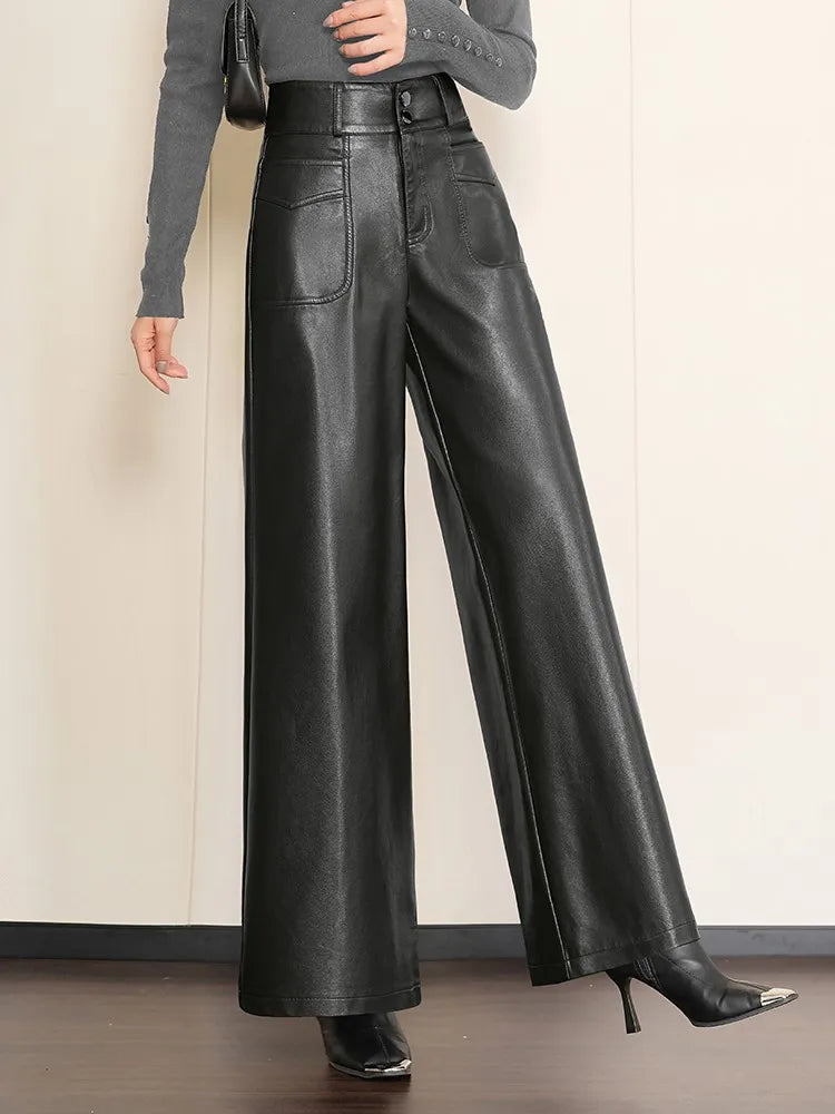 LVSANW ZUZK High Quality Women PU Leather Wed Leg Long Pants  Autumn Winter Fashion Warm Long Leather Pants Elegant LeatherTrousers