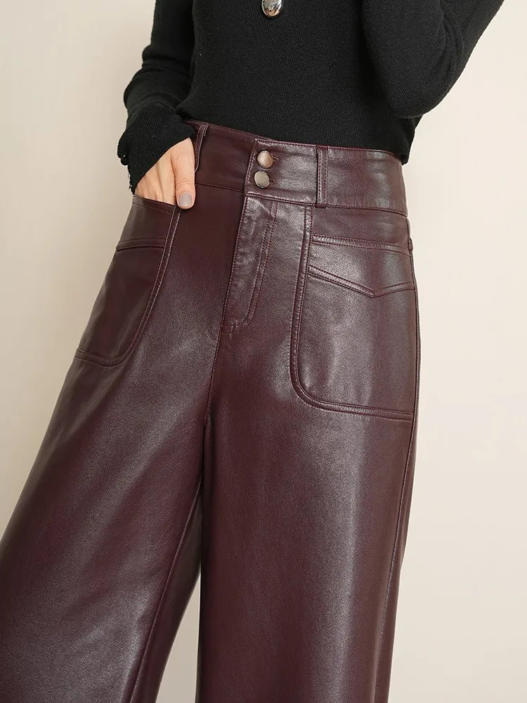 LVSANW ZUZK High Quality Women PU Leather Wed Leg Long Pants  Autumn Winter Fashion Warm Long Leather Pants Elegant LeatherTrousers