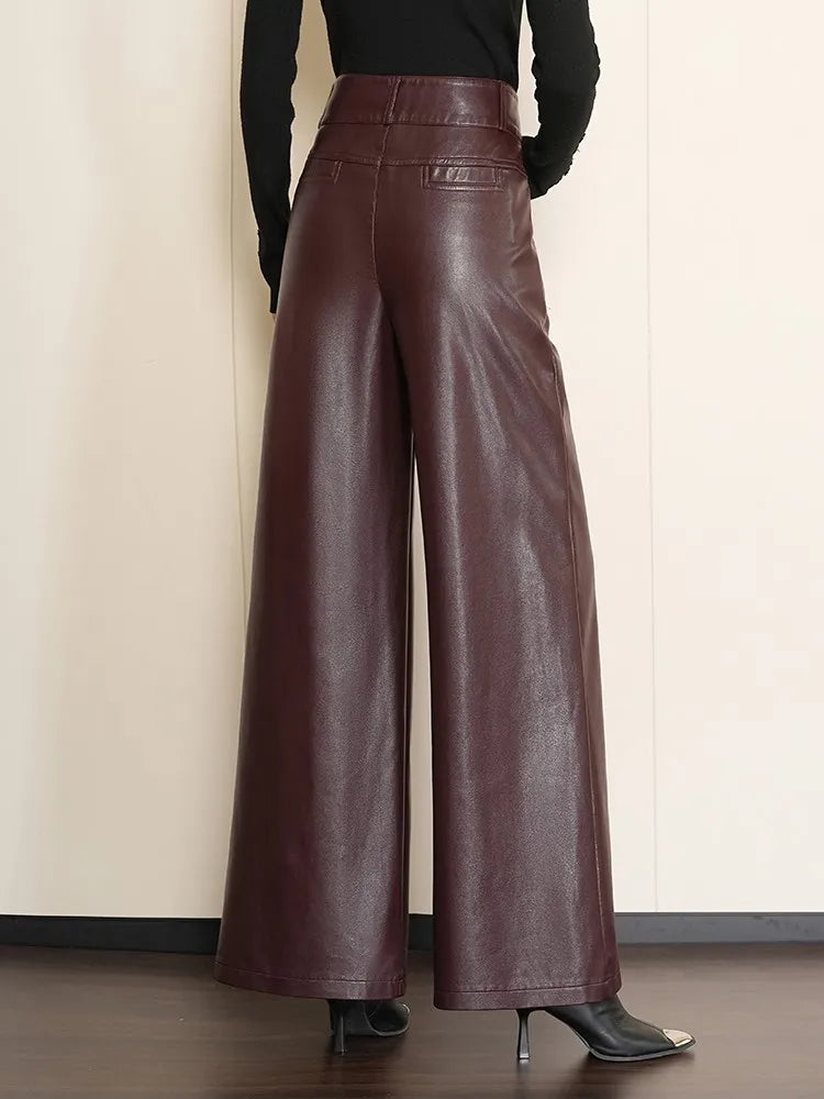 LVSANW ZUZK High Quality Women PU Leather Wed Leg Long Pants  Autumn Winter Fashion Warm Long Leather Pants Elegant LeatherTrousers