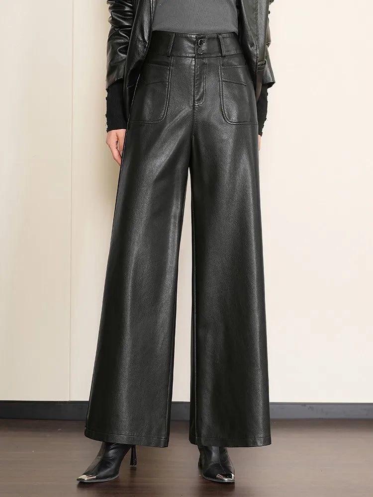 LVSANW ZUZK High Quality Women PU Leather Wed Leg Long Pants  Autumn Winter Fashion Warm Long Leather Pants Elegant LeatherTrousers