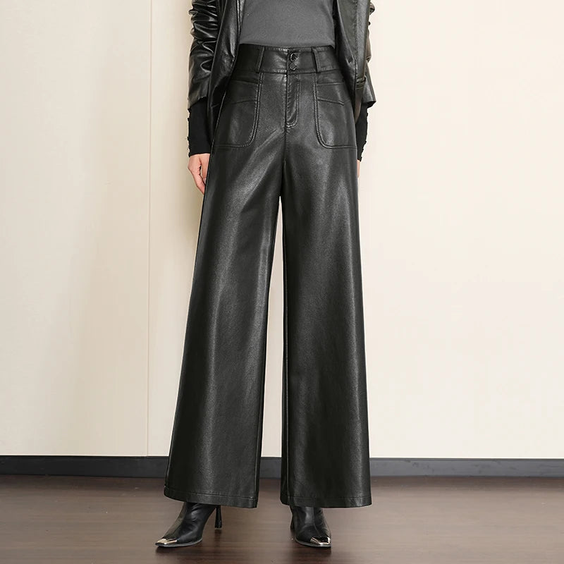 LVSANW ZUZK High Quality Women PU Leather Wed Leg Long Pants  Autumn Winter Fashion Warm Long Leather Pants Elegant LeatherTrousers