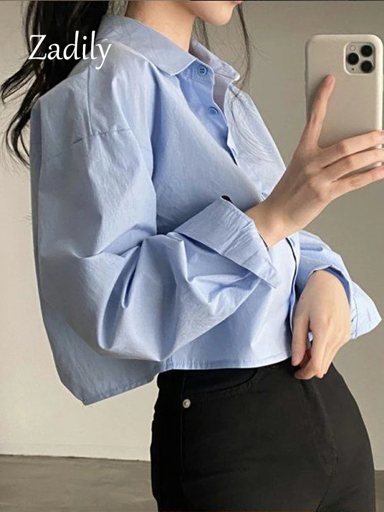 LVSANW Zadily 2024 Spring New Casual Long Sleeve Women White Shirt Korea Style Solid Button Split Woman Crop Tops Blouse Party Clothing