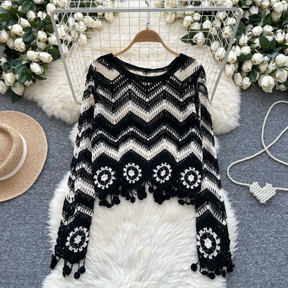 LVSANW Zig Zag Crochet Top Long Sleeve V-Neck Wavy Striped Open-knit Pullover Sweater for Women Teen-girl Boho Vacation Outfit