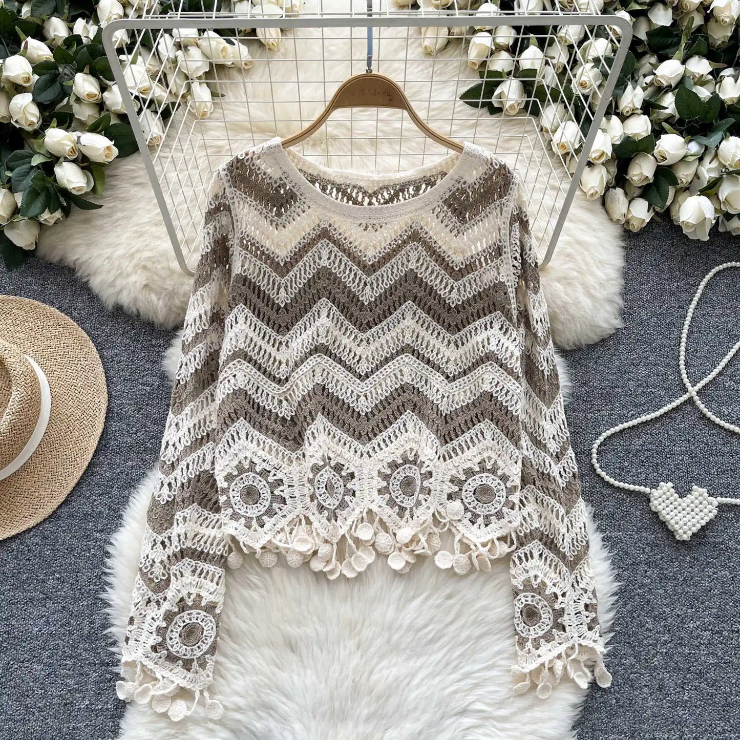 LVSANW Zig Zag Crochet Top Long Sleeve V-Neck Wavy Striped Open-knit Pullover Sweater for Women Teen-girl Boho Vacation Outfit