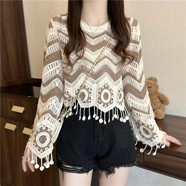 LVSANW Zig Zag Crochet Top Long Sleeve V-Neck Wavy Striped Open-knit Pullover Sweater for Women Teen-girl Boho Vacation Outfit