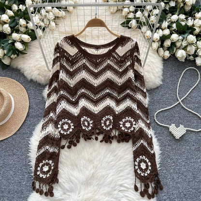 LVSANW Zig Zag Crochet Top Long Sleeve V-Neck Wavy Striped Open-knit Pullover Sweater for Women Teen-girl Boho Vacation Outfit