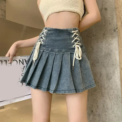 LVSANW Zik Hekiy Denim Pleated Skirt Korean Fashion Women Bandage High Waist A-line Cute Sexy Cargo Jean Mini Skirt Summer Y2k Girl