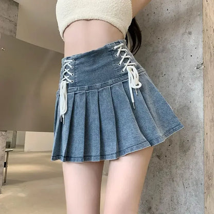 LVSANW Zik Hekiy Denim Pleated Skirt Korean Fashion Women Bandage High Waist A-line Cute Sexy Cargo Jean Mini Skirt Summer Y2k Girl