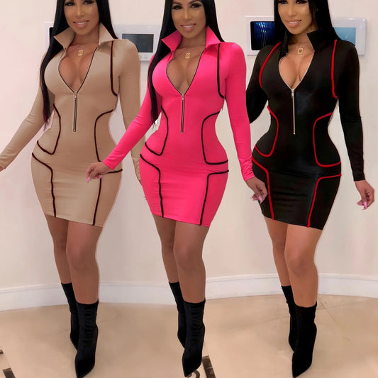 LVSANW Zipper Stand Collar V Neck Long Sleeve Bodycon Dress Women Fashion Casual Dress Sheath Mini Club Party Dresses Outfits