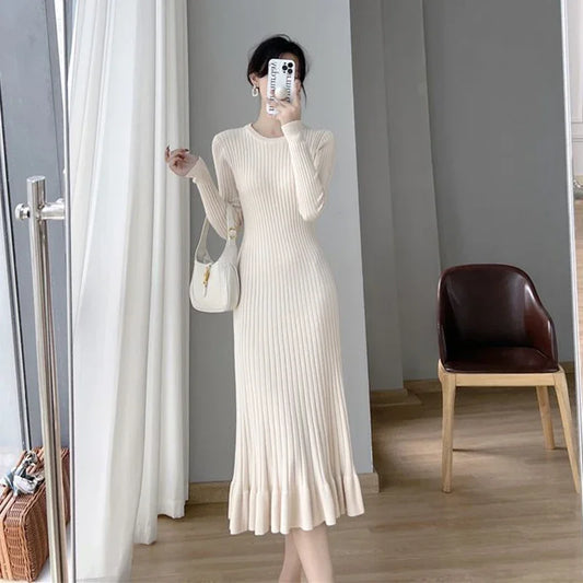 LVSANW Zoki Apricot Knitted Ruffles Dress Women Korean Autumn Elegant Slim Long Sleeve Midi Dress Solid Streetwear Casual A Line Dress