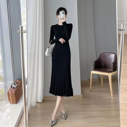 LVSANW Zoki Apricot Knitted Ruffles Dress Women Korean Autumn Elegant Slim Long Sleeve Midi Dress Solid Streetwear Casual A Line Dress