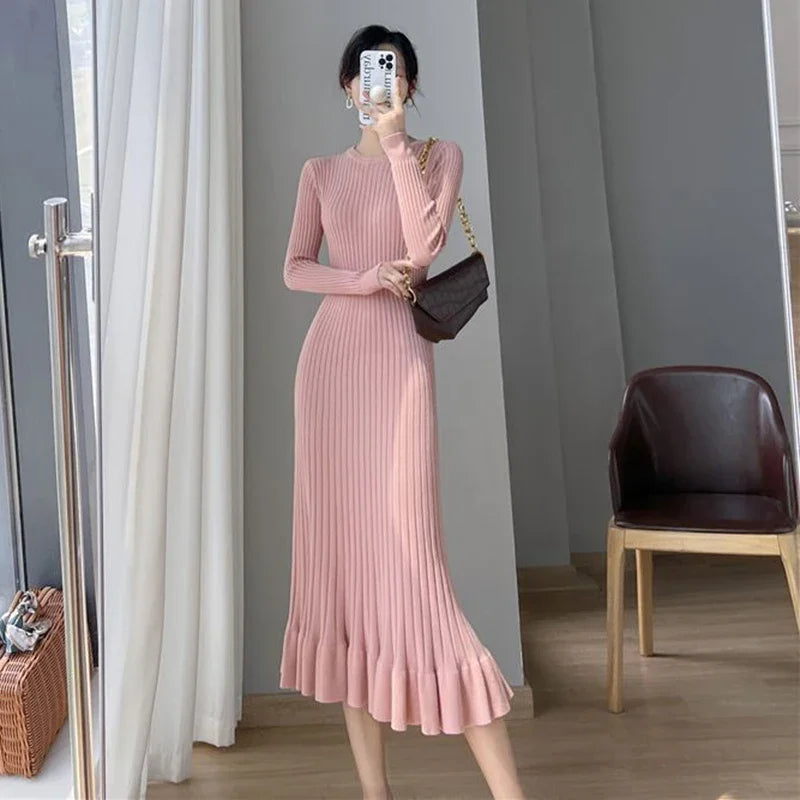 LVSANW Zoki Apricot Knitted Ruffles Dress Women Korean Autumn Elegant Slim Long Sleeve Midi Dress Solid Streetwear Casual A Line Dress