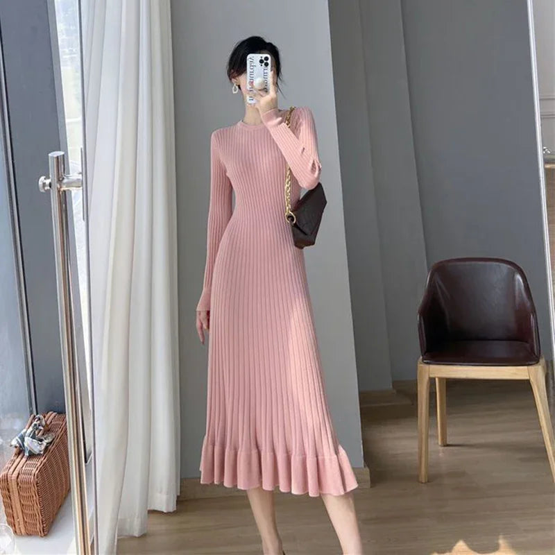 LVSANW Zoki Apricot Knitted Ruffles Dress Women Korean Autumn Elegant Slim Long Sleeve Midi Dress Solid Streetwear Casual A Line Dress